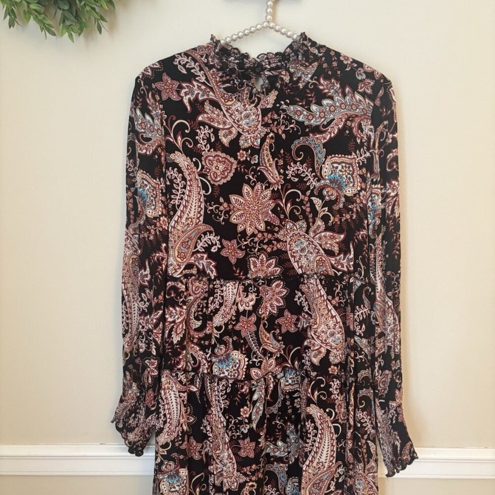 Anthropologie Womens Size Medium Cady Tiered Tunic Dress Black Paisley
